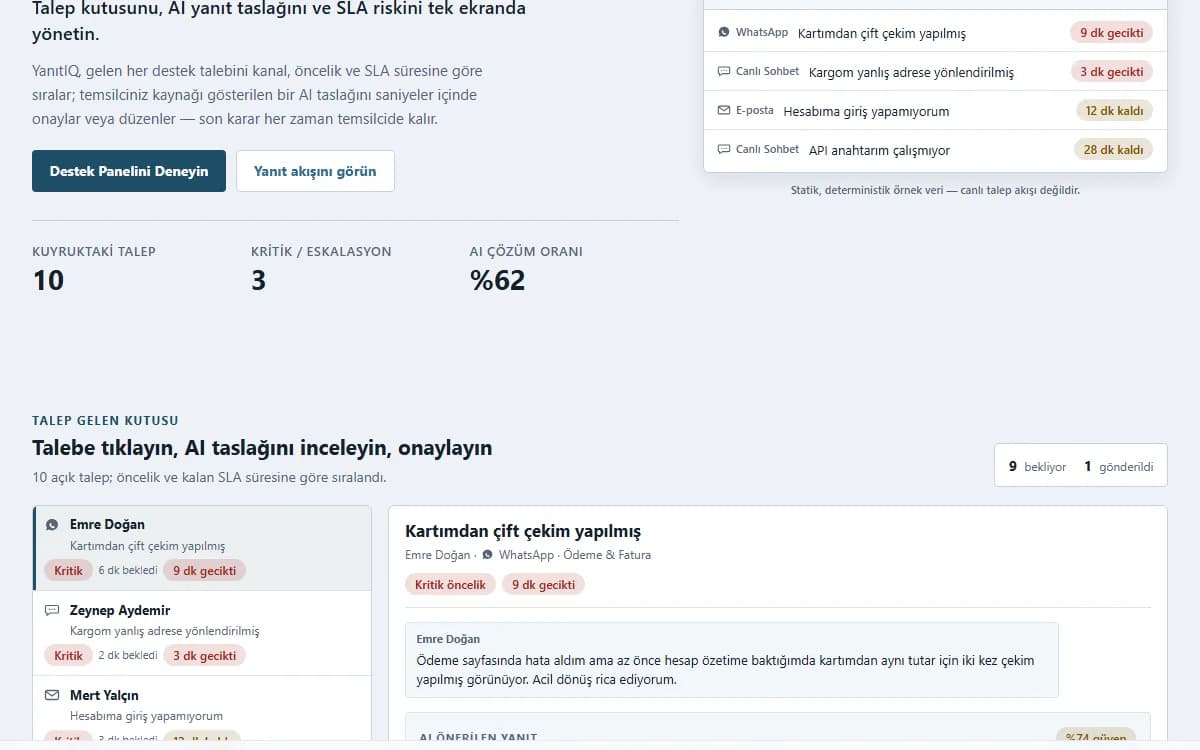 AI Destek Paneli — Temsilci Yardımcı Konsolu ekran görüntüsü