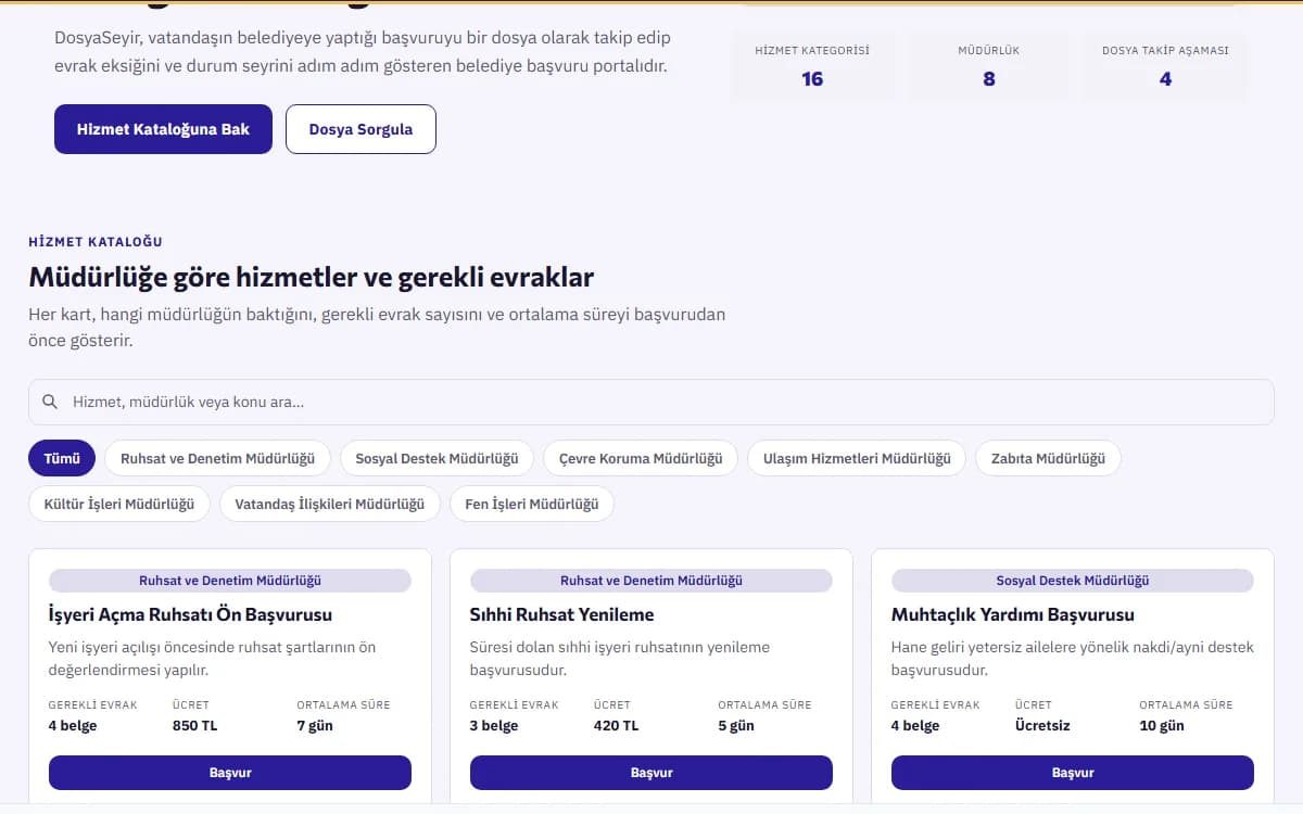 Belediye Başvuru — Dosya Takip Portalı ekran görüntüsü