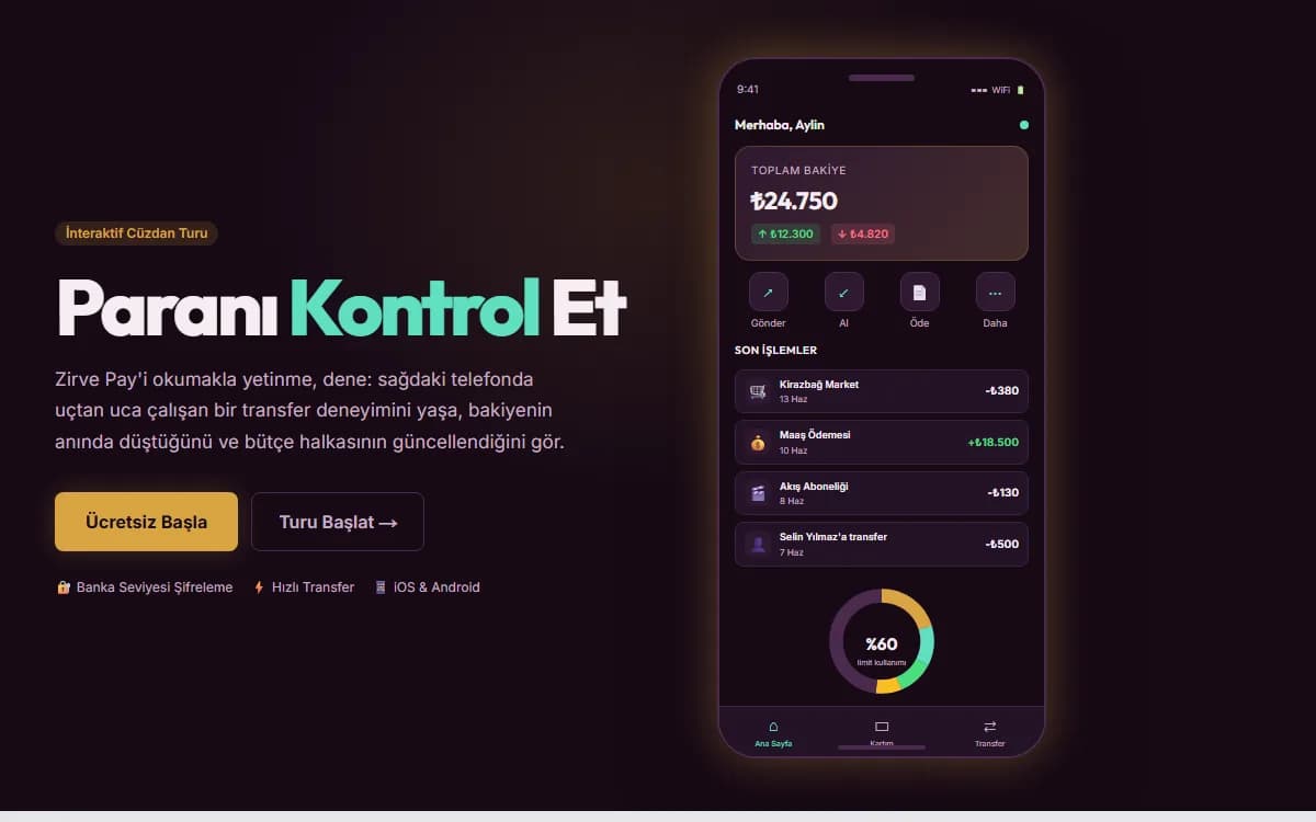 Fintech Uygulaması — Dijital Cüzdan Vitrini ekran görüntüsü