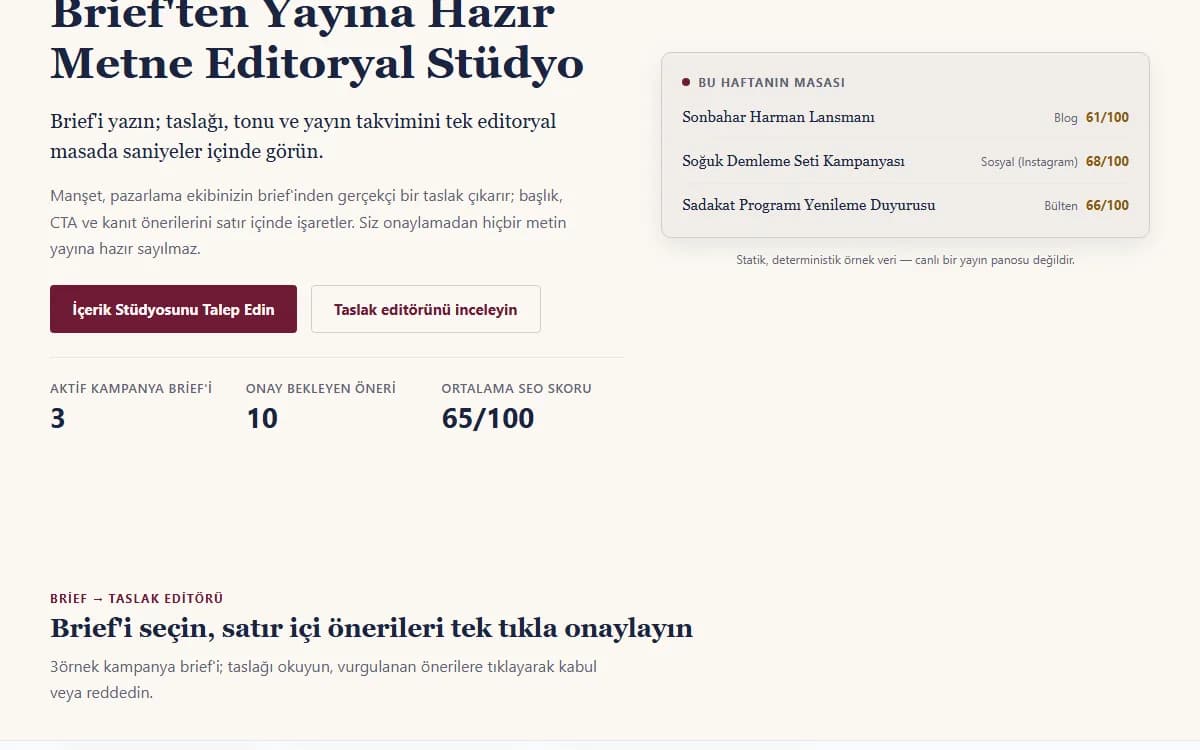 İçerik Asistanı — Brief'ten Yayına Hazır Metne Editoryal Stüdyo ekran görüntüsü