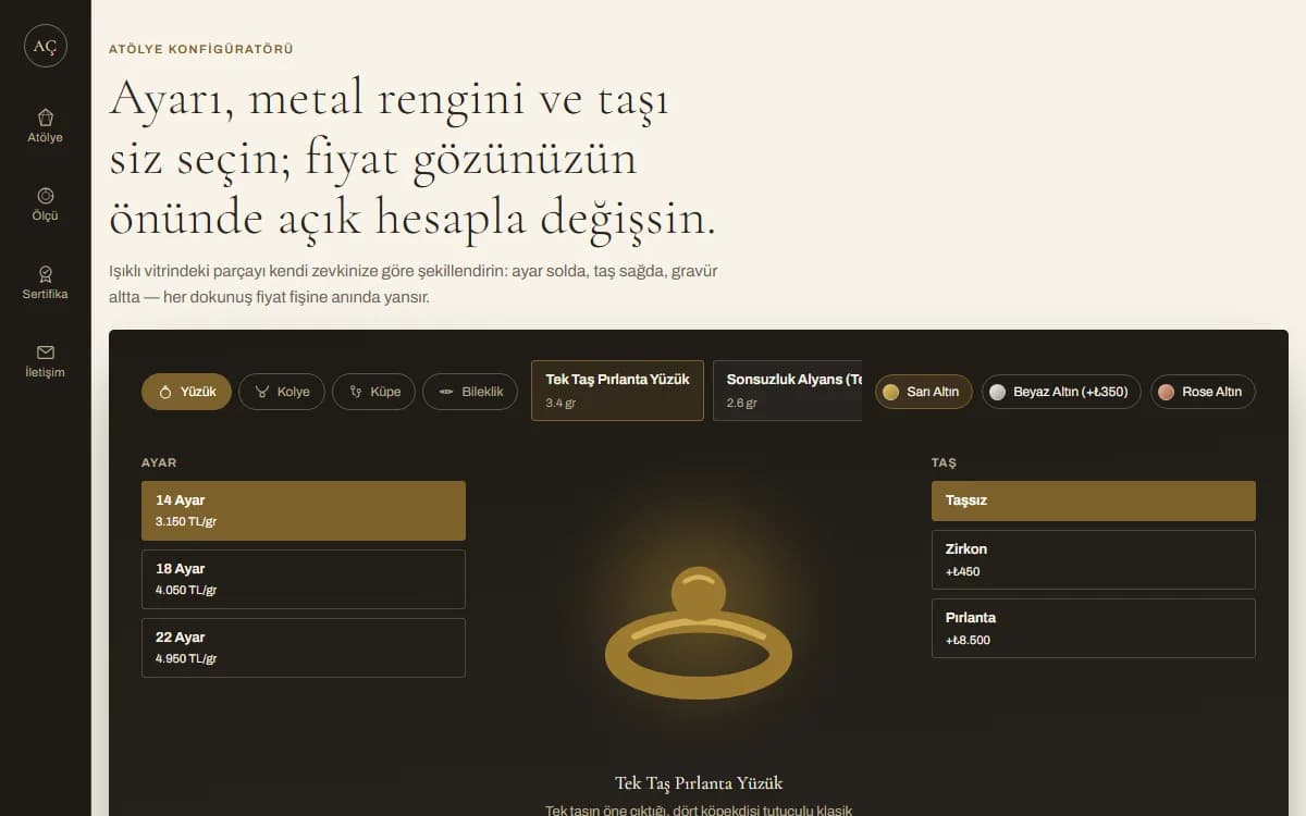 Takı & Mücevher — Lüks Kuyumcu Konfigüratörü ekran görüntüsü
