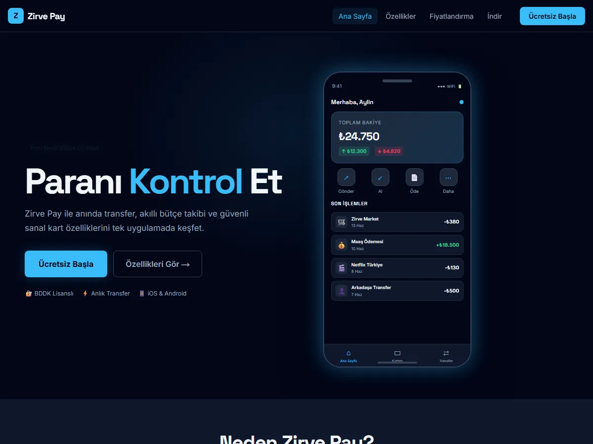 Fintech Uygulaması — Dijital Cüzdan Vitrini ekran görüntüsü