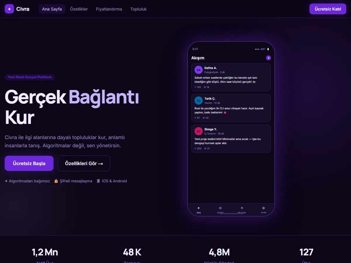 Sosyal Uygulama — Topluluk Platformu Vitrini ekran görüntüsü
